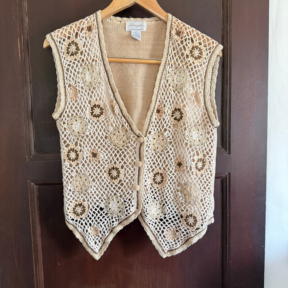 90s Vintage Margules Beige and Brown Crochet Floral Vest | Large